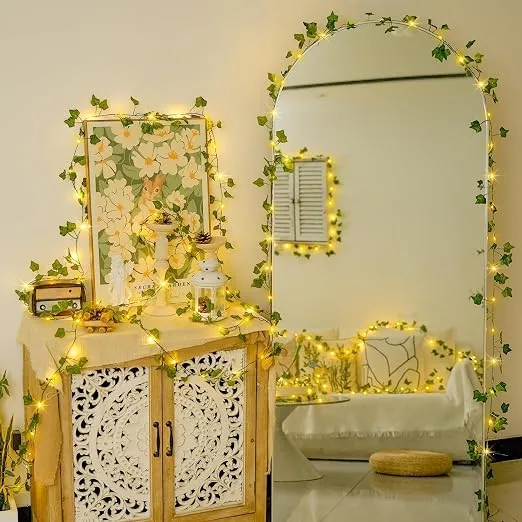 [Apply 2% Coupon] (Min Buy 2) MoonlitDreams 7ft Artificial Money Plant Vine with 30 Warm White LED Lights, Battery Operated Copper Wire String, Decorative Hanging Creeper for Bedroom, Wall, Balcony & Home Decor