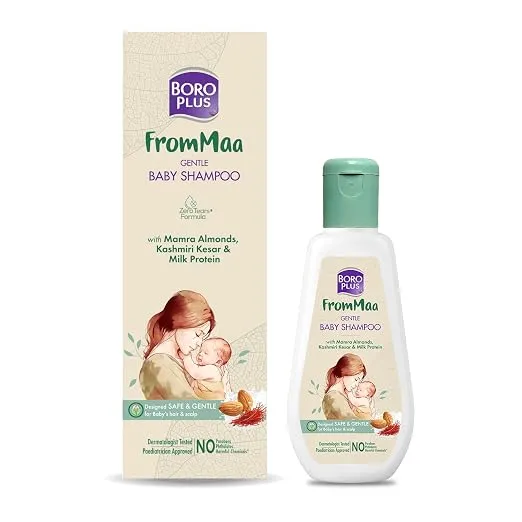 BOROPLUS FromMaa Gentle Baby Shampoo (200 ml), With Mamra Almonds, Kashmiri Kesar and Milk Protein, Designed Safe & Gentle, No added Parabens, Phthlates or other harmful chemicals