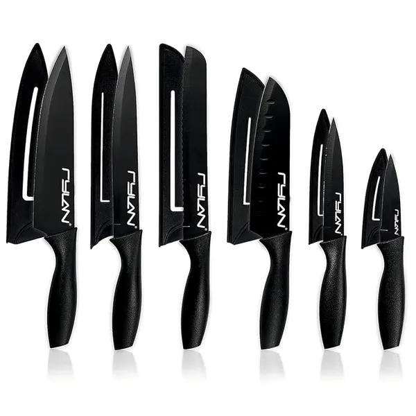 Rylan 6 Pcs Kitchen Knife Set With Covers, High Carbon Stainless Steel Black Coated Chef, Utility, Sontuku, Bread, and Paring Knives (Black)