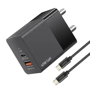 Artis 45 Watt GaN Laptop Adapter with 3 Ampere-1 Meter USB-C Braided Cable. PD+PPS USB-C & QC USB-A Technology Power Adapter. Universal Compatibility for Laptops, Tablets & Smartphones.