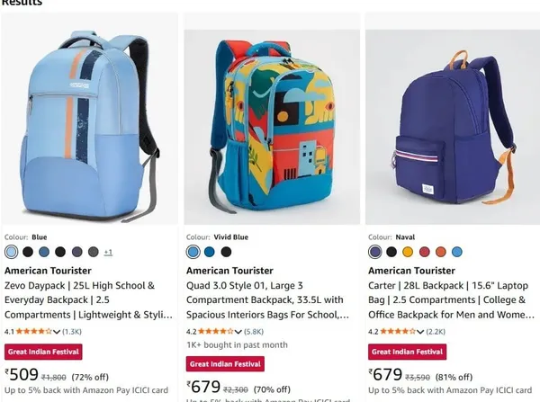 American Tourister Backpacks upto 81% off starting From Rs.509 @ amazon
