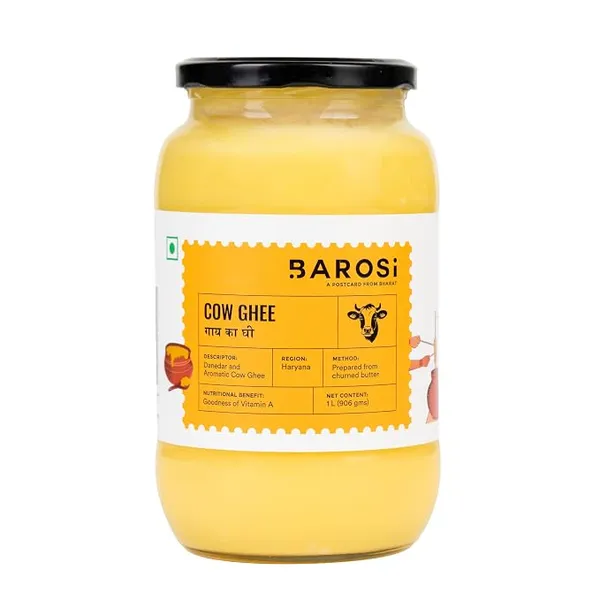 (Amazon Now Rs. 100 Cashback) BAROSI Cow Ghee 1 Litre | Danedar Ghee | Lab Tested | Grass-Fed Cow | Naturally Rich In Good Fats & Antioxidants | Suitable for Daily Cooking | Rich Aroma, Golden Colour | Glass Jar(1000 ml)