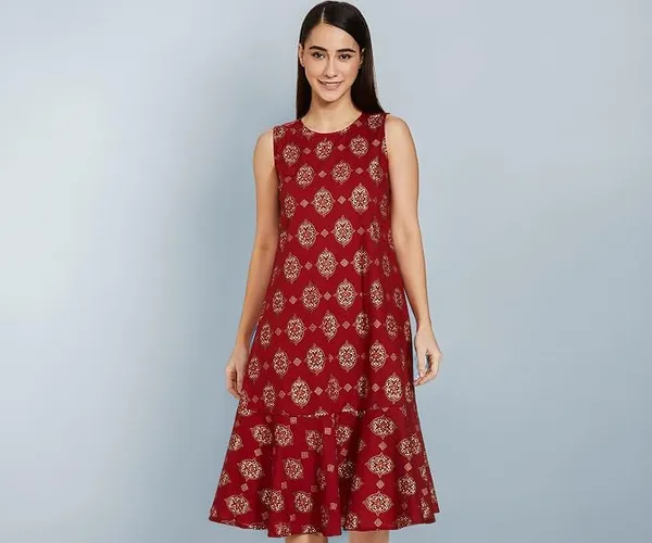 Amazon Brand - Myx A-line Sleeveless Dress (PAG 101_Golden JAAL RED_X-Small)