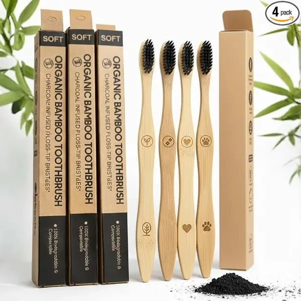 TRESSENCE Organic Bamboo Toothbrush, Soft Bristles, Pack of 4