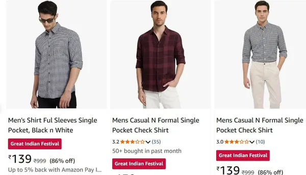 Men's Shirts upto 86% off starting From Rs.139 @ amazon
