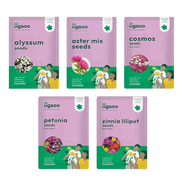 UGAOO Summer Flower Seeds Bundle of 5 Packet (Aster Mix, Cosmos Mix, Petunia Mix, Zinnia Lilliput Mix, Alyssum)