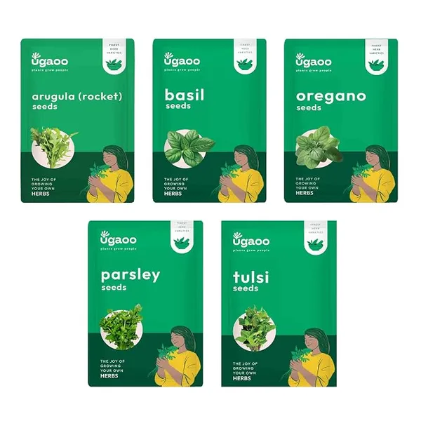 UGAOO Herb Seeds Bundle of 5 Packet (Tulsi Seeds, Italian Basil Seeds, Oregano Seeds, Parsley Seeds, Arugula Seeds)