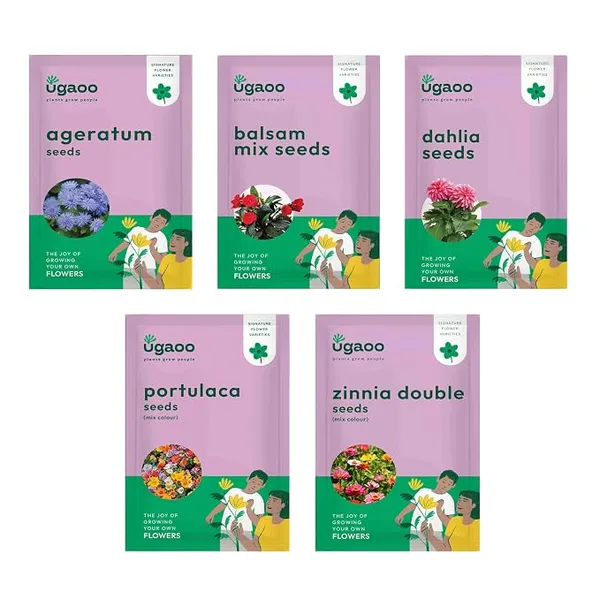 UGAOO Flower Seeds Bundle of 5 Packet (Ageratum, Balsam Mix, Dahlia, Zinnia Double Mix Seeds, Portulaca Mix)