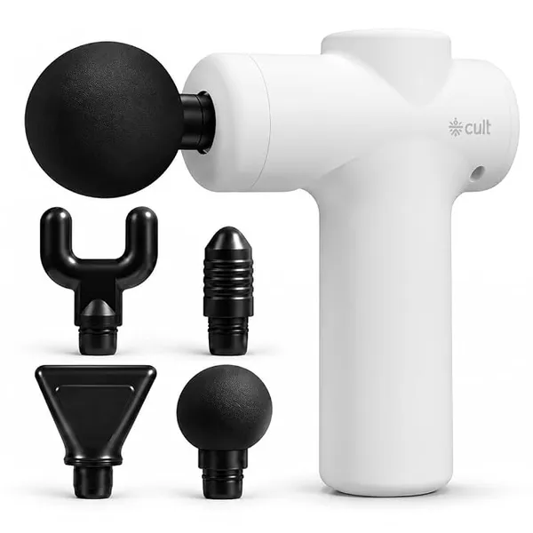 Cult Nova Portable Deep Tissue Massage Gun for Full-Body Muscle Relief, Ultra-Lightweight Handheld Design, 6 Speed Levels, Up to 3-Hour Battery Life, 4 Interchangeable Heads, Deep Tissue Massager for Arms, Shoulders, Legs & Everyday Recovery White R