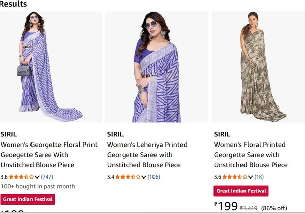 SIRIL Fabulous Ethnic Wear Saree upto 93% off starting From Rs.199 @ amazon
