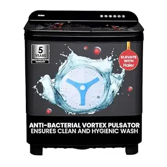 [Apay ICICI CC] Haier 9 kg 5 Star Toughened Glass & Vortex pulsator Semi Automatic Top Load (HTW90-178FL,Black)