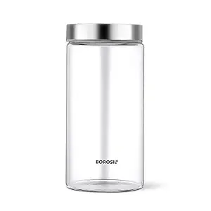 Borosil 1200ml Endura Glass Jar with Stainless Steel Lid | Borosilicate Glass Storage Organiser | Microwave & Dishwasher Safe Kitchen Containers for Spices, Snacks, Grains, Dals