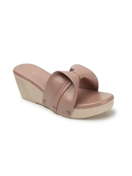 Iconics Women's Round Toe Wedge heel Slip-On sandal with Knotted Strap