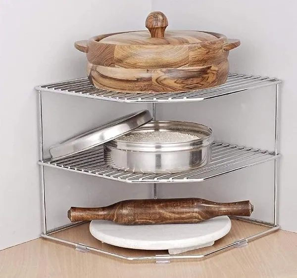 Cri8Hub Stainless-Steel Multi-Tier Corner Rack for Kitchen Storage - 3-Tier Shelf Organizer, Chakla Belan Stand, Countertop Corner Shelf