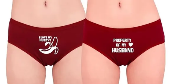 Women's Novelty Couple Underwear Set, Burgundy Cotton Hipster Panties with Funny Marriage Themed Print, 2 Pack