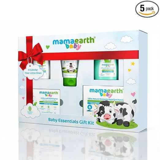 Mamaearth Baby Essentials Gift Kit 5 Units - 30g + 50g + 50ml+ 50ml + 6 pcs Made Safe Toxin-Free Essentials for Your Little One | Gentle Care From Day One | No.1 Most Trusted Baby care Brand In India*