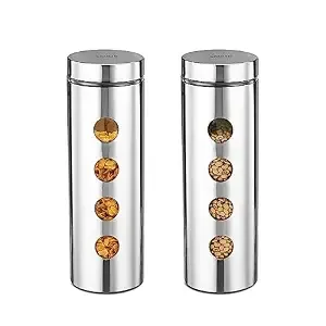 Amazon Brand - Solimo Drip Window Steel Jacketed Glass Jar | Set of 2 | Multipurpose Kitchen Organizer with See-Through Window | 2000 ml | Transparent