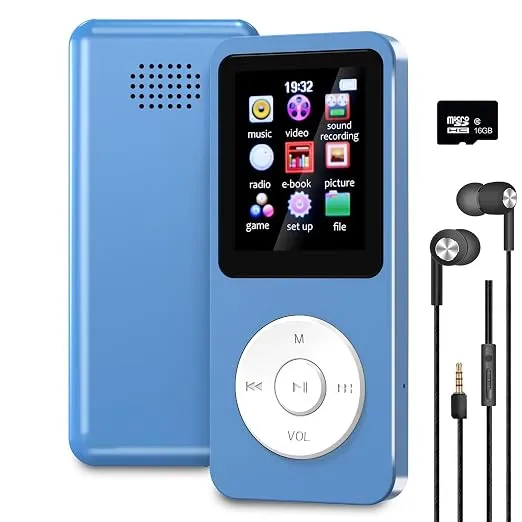 Sounce 16GB Mini MP3 Music Player with Bluetooth 5.4, HiFi Lossless Audio, Video Playback, Voice Recording, FM Radio, E-Book Reader & Built-in Speaker | Expandable Up to 128GB (Blue)
