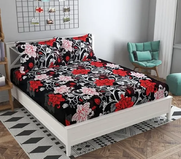 3D Polycotton Double Bed Bedsheet with Two Pillow Covers_Size-90 * 90 inch (Red & White Flower Design)