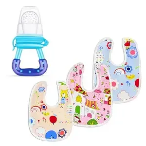 GLUN® 3 Piece Feeding Bibs & 1 Piece Fruit Nipple Nibbler Combo Set for Babies, Toddlers Aged 8-36 Months, Cute Print Washable Baby Bibs & Nibbler