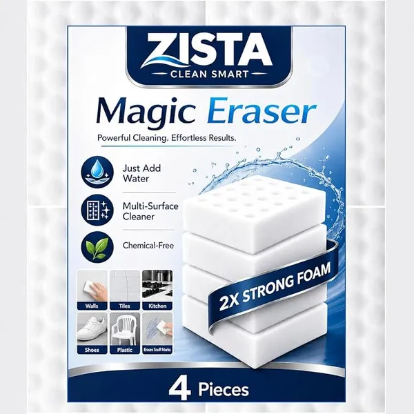 (Min Buy 2) ZISTA Magic Eraser Cleaning Sponge Pack of 4 | Multi-Purpose Stain & Scuff Mark Remover | Just Add Water | Cleaning Sponge for Kitchen, Bathroom, Walls, Tiles, Shoes & Appliances