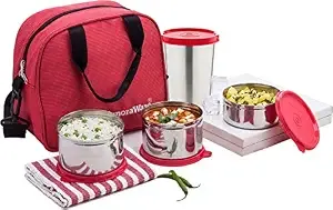 Signoraware Sling Stainless Steel Lunch Box with Steel tumbler (500ml, 500ml, 350ml, 370ml, Red) - Set of 4