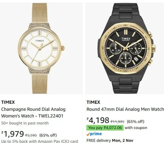 TIMEX Watches upto 68% off + Coupon & Bank Offer starting From Rs.1215 @ amazon