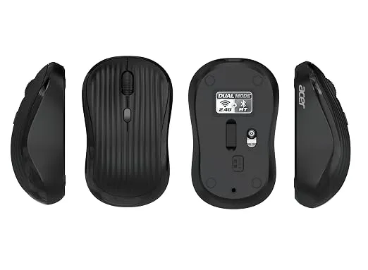 Acer Flow Silent Wireless Mouse | Bluetooth & 2.4GHz Dual Mode | 3-Level 1600 DPI | 500mAh Rechargeable Battery | Up to 1 Month Usage | Type-C Charging | 10m Range | Ambidextrous Design | Black