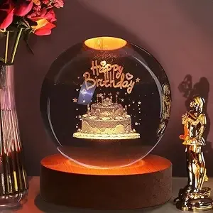 Desidiya 3D Crystal Happy Birthday Lamp Engraved Crystal Ball LED Night Light with Wooden Base - USB Powered Glass Ball Led Night Light Table Lamp for Kids Room, Teens Home & Office Decor,Warm White