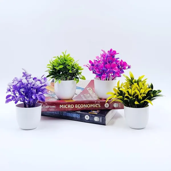 Flora Planet Artificial Plants for Home Decor - Set of 4 Mini Size Pot with Multicolor Faux Plants, Realistic Look, Durable Material - Perfect for Office Table Decoration and Showcasing