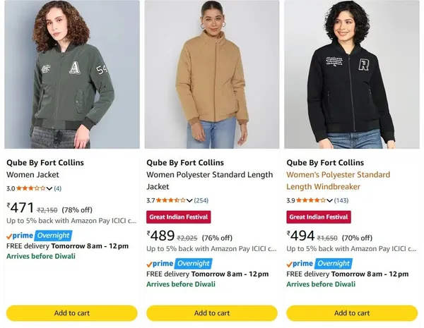 Qube By Fort Collins Women's Jackets upto 79% off starting From Rs.471 @ amazon