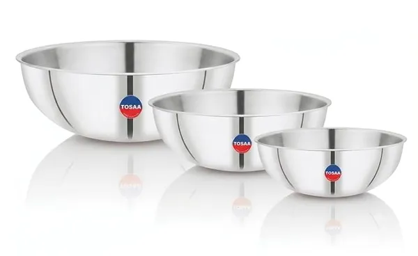 TOSAA Triply Stainless Steel Tasla Set of 3-20 cm (1500 ml), 22 cm (2000 ml) & 24 cm (2600 ml) | Tri-Ply Induction Bottom | Compatible with Gas & Induction | Silver