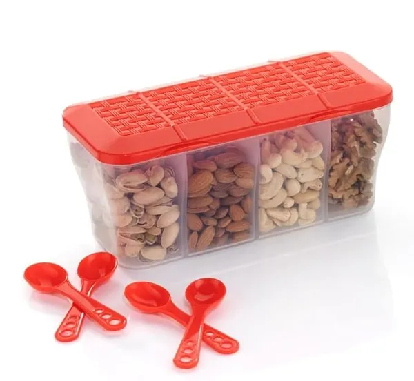 SORATH 4 in 1 Multipurpose 4 Section Kitchen, Fridge Storage Airtight Container Set for Vegetables, Dryfruits, Spices, Groceries, and Pickles with 4 Spoons Storage Set 1800 ml- (Red, Pack of 1)