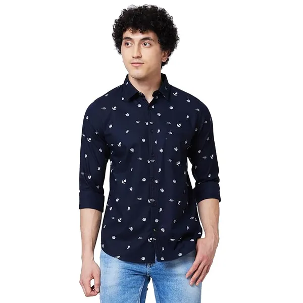 Spykar Blue Printed Full Sleeve Shirt for Men (Size: M)-MSHPS1BD043_Navy