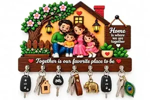 [Apply 5% Coupon] Family Theme Wooden Wall Key Holder with 7 Metal Hooks for Home Entrance and Key Organizer