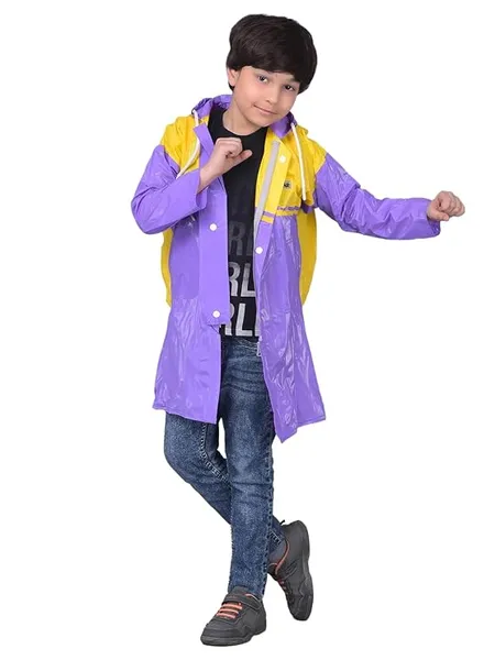 Dollar Kids Waterproof PVC Long Raincoat | Zipper & Button Closure | Adjustable Hood & Pocket | Full Length Lightweight Rainwear for Boys & Girls