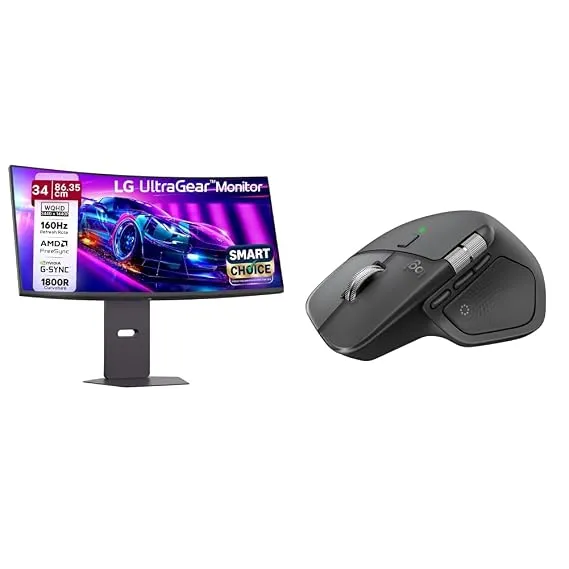 [Apay ICICI NC EMI] LG 34G600A Smartchoice 86.36cm(34 Inch) Ultragear Curved (1800R) WQHD (3440x1440) Gaming Monitor, 160Hz, 1ms, Speakers, Anti-Glare, AMD FreeSync Premium, DP, HD + Logitech MX Master 4