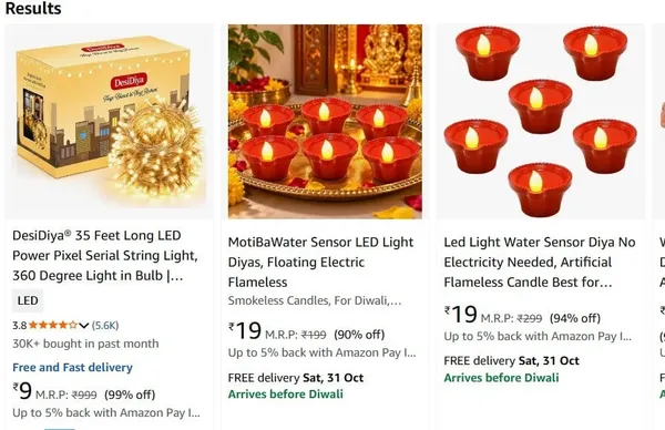 Diwali Lights Seasonal Decorations upto 99% off starting From Rs.9 @ Amazon