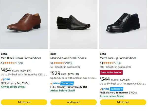 Bata Men's Shoes upto 86% off starting From Rs.109 @ amazon