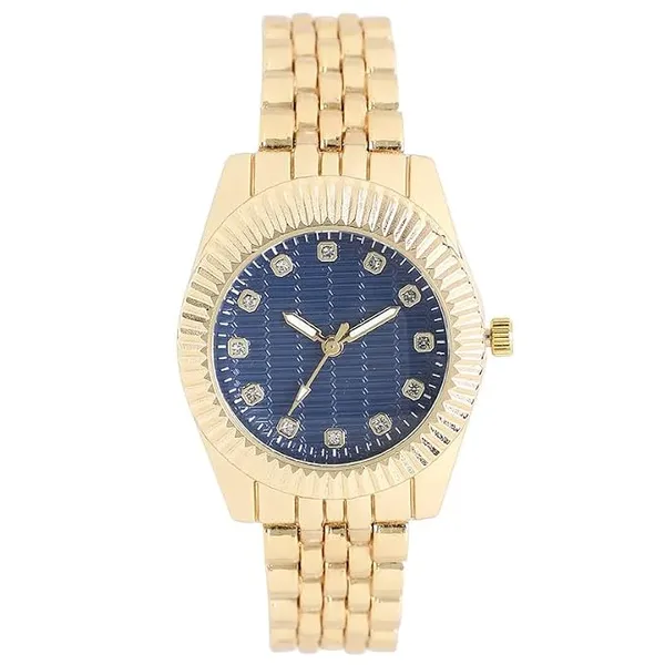 Haute Sauce Women's The Ribbed H-Link Round Watch | California Gold Stainless Steel Strap | Admiral Blue Dial | One-Size | Foldover Closure | Quartz | Analogue | Wrist Belt Watch for Female and Girls