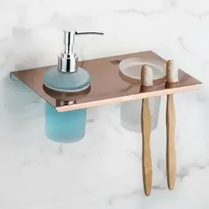 Plantex (Primax) 2 in 1 Liquid Soap Dispenser with Tumbler Holder/Stainless Steel Shampoo Dispenser with Toothbrush Holder for Wall Mount/Bathroom Accessories - Pack of 1 (Rose Gold- Chrome)