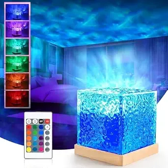 [Apply 3% Coupon] The Purple Tree Ocean Wave Projector Lamp 3D Water Wave Effect Romantic LED Night Light Remote Control USB Rechargeable Crystal Table Lamp for Home Decor, Bedroom & Gift, Multicolor Light (Cube Shape)