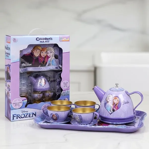 Disney Frozen Elsa & Anna 14-Piece Tin Plate Tea Set for Girls - Fun Pretend Play Tea Party Toy - Durable, Lightweight & Safe Role Play Kit for Kids, Learning Toy -Birthday Gift For Ages 3+
