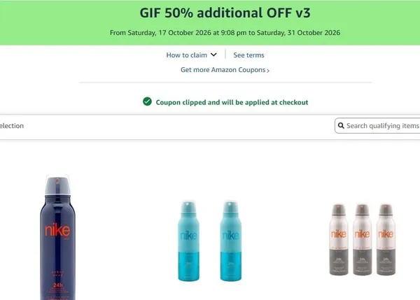 Save 50% Off Coupon On Nike Deodorant upto 64% off starting From Rs.177 @ Amazon
