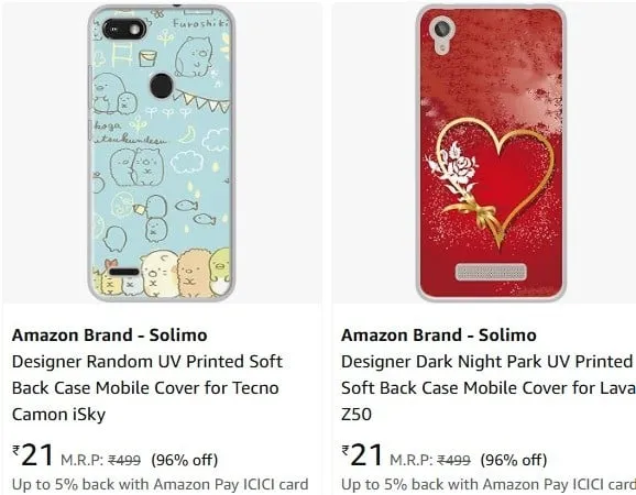 Amazon Brand - Solimo Mobile Covers upto 96% off starting From Rs.21 @ amazon
