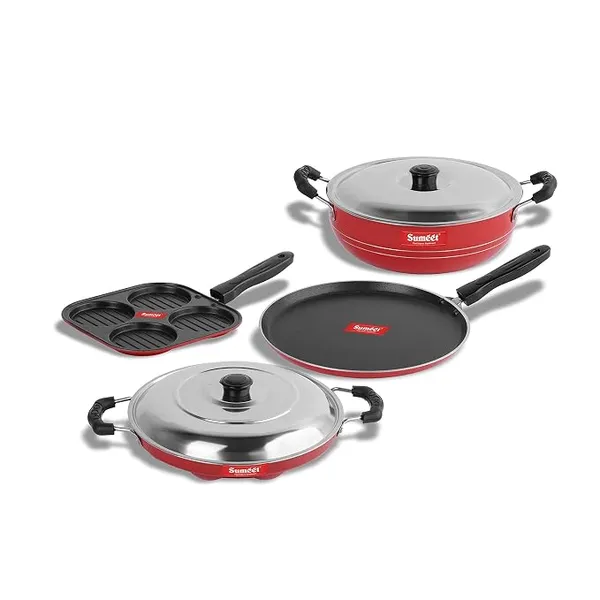 [Apply 30% Coupon] Sumeet 2.6mm Thick Non-Stick Rojo Cookware set (Dosa Tawa – 26.5cm Dia + Mini Multi Snack Maker – 19.5cm Dia + Kadhai with Lid – 1.5Ltr capacity- 20cm Dia + Grill Appam Patra with Lid – 23cm Dia)