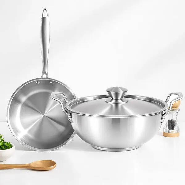 SOLARA Sterra Stainless Steel Cookware Set of 2, Frying Pan 22cm (1.7L) + Kadhai with Lid 22cm (2.3L), Triply Thick Bottom, Induction & Gas Friendly, 3-Layer Bottom, Cookware Combo