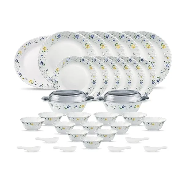 La Opala Diva Classique Collection Opal Glass Crockery | for Family of 6 | Dinner Set 35 pcs Twilight Bouquet | Plates & Bowls for Dining | Microwave Safe | 100% Vegetarian | Extra Strong | White
