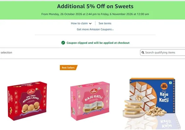 Save 5% Off Coupon On Sweets upto 52% off starting From Rs.111 @ amazon