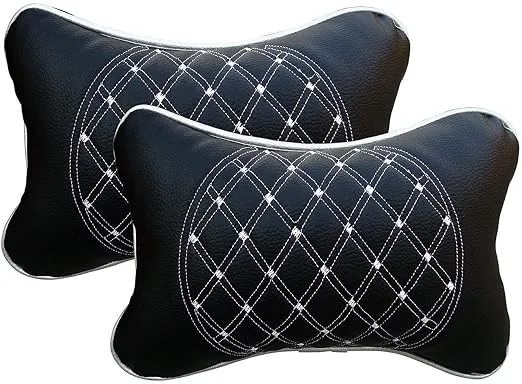 Aksmit Car Neck Rest Pillow/Cushion Durable Diamond Headrest, Breathable Neck Support, Long Drives Car Seat Accessory, SUVs, Trucks, Sedans, All Vehicles Compatible Black/White - Set of 2 Pieces